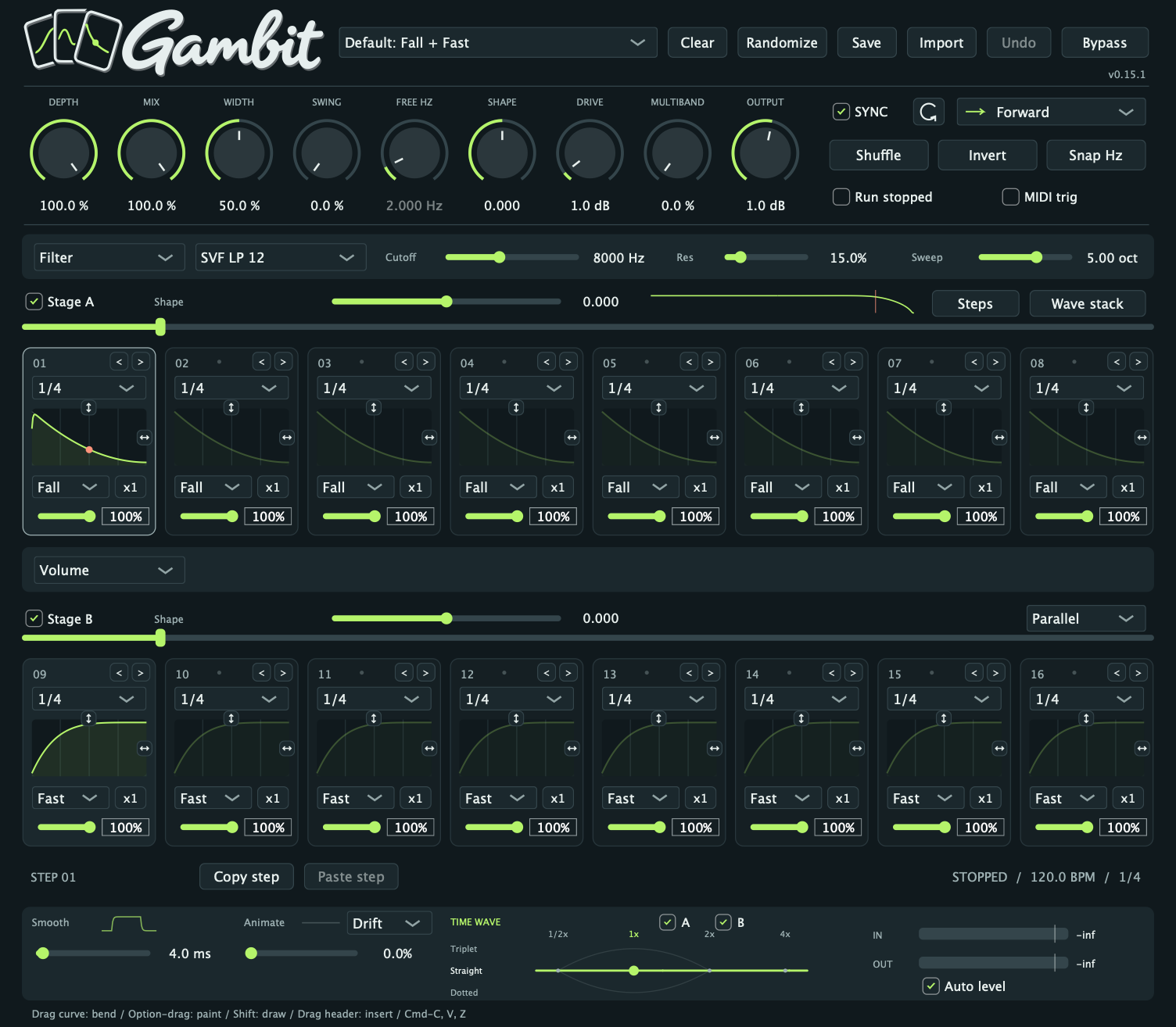 Gambit plugin: sixteen shape cards, two stages and performance controls